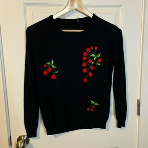 Vtg Black Acrylic Knit Sweater W/ Bright Strawber… - image 1